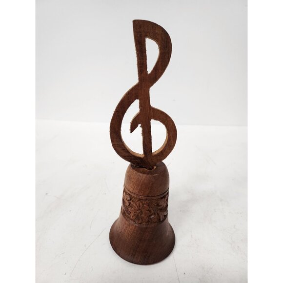 Vintage S.S. Sarna India Wood Floral Design Bell Treble Clef Handle Hand Carved - Picture 6 of 8